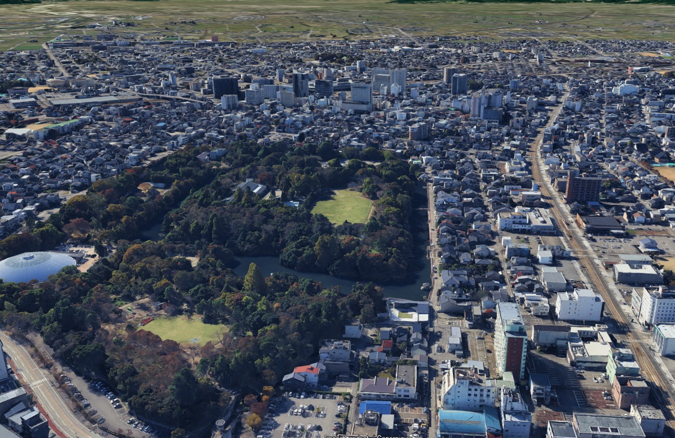 【グーグルアース】富山県高岡市 3D高岡城