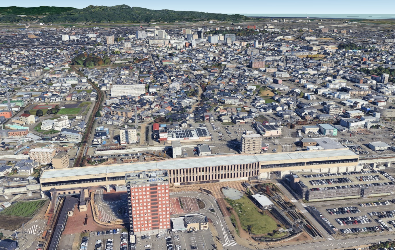 【グーグルアース】富山県高岡市 3D 新幹線新高岡駅