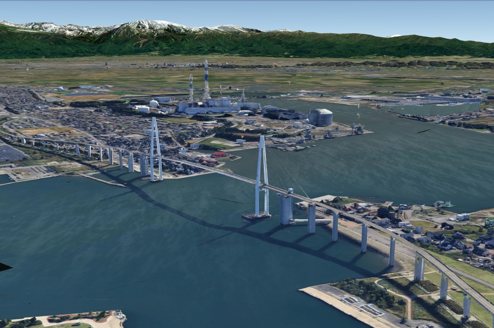 【グーグルアース】富山県新湊市 3D 新湊大橋
