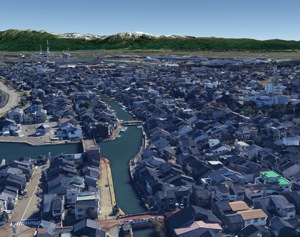 【グーグルアース】富山県射水市新湊 3D 放生津地区の内川