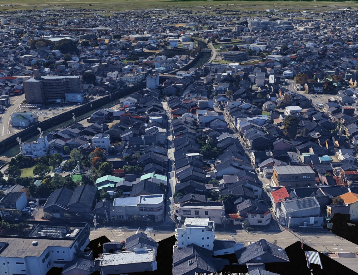 【グーグルアース】富山県高岡市 3D 金屋町(千本格子の街並み)