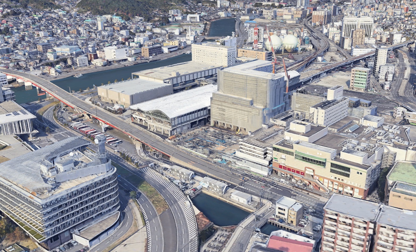 グーグルアース長崎県長崎市 3D更新前 アミュプラザ長崎新館駐車場