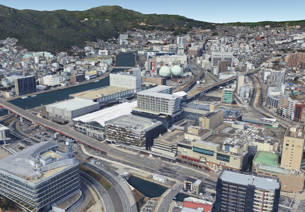 グーグルアース長崎県長崎市 3D更新後 アミュプラザ長崎新館駐車場