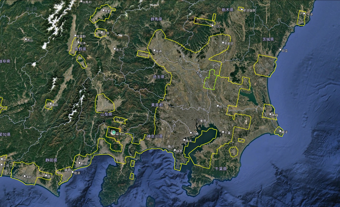 Google Earth 首都圏 3D表示エリア(緑の線は2D)