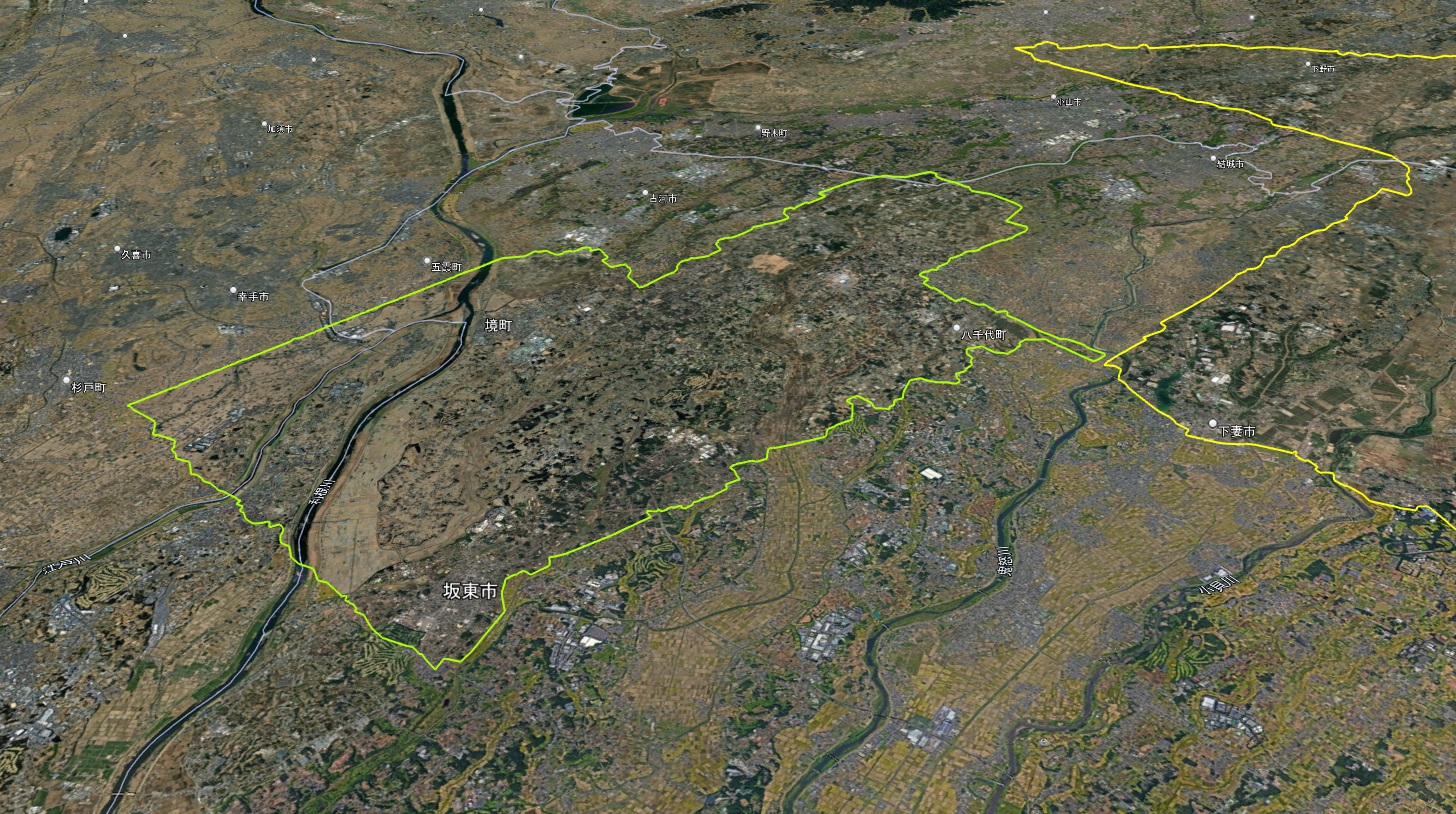 Google Earth 首都圏 3D表示エリアの中の2Dエリア(緑色の線)