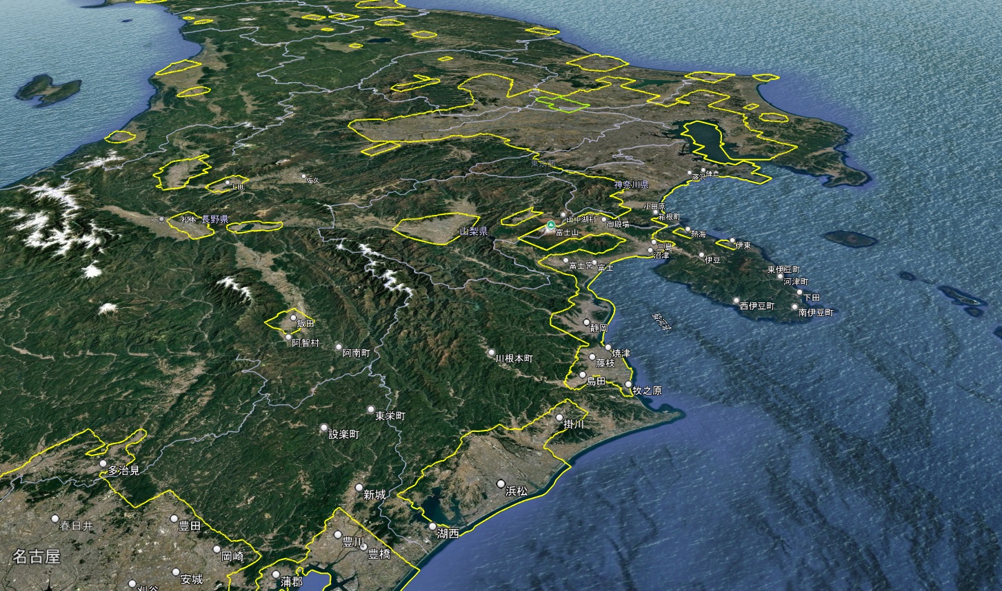 Google Earth 首都圏 3D表示エリア(緑の線は2D)