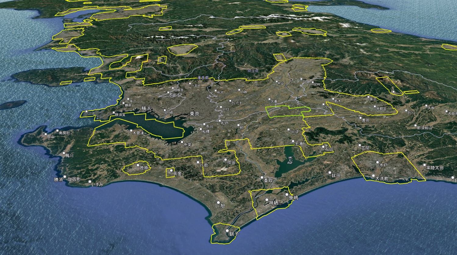 Google Earth 首都圏 3D表示エリア(緑の線は2D)