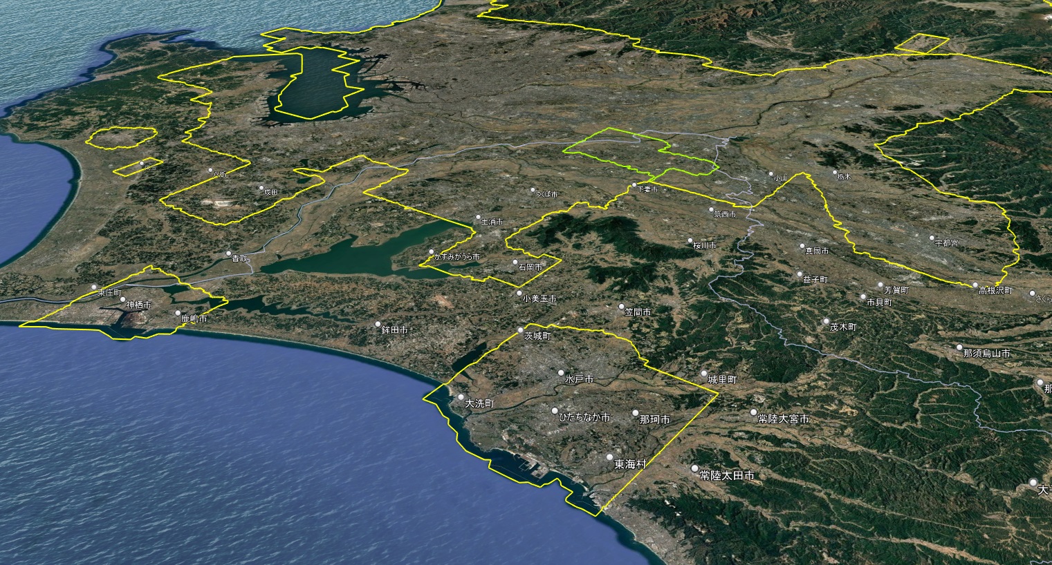 Google Earth 首都圏 3D表示エリア(緑の線は2D)