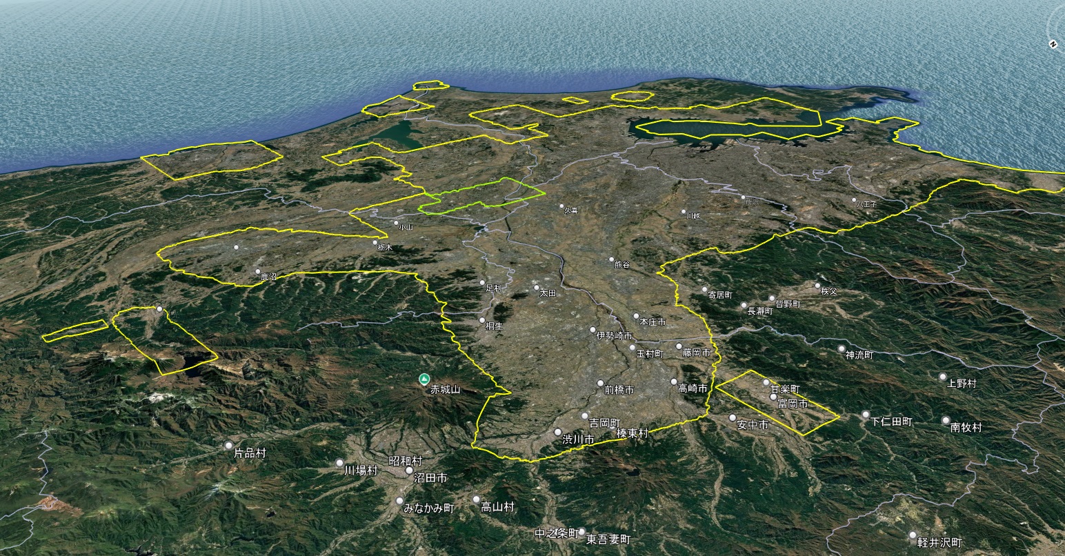 Google Earth 首都圏 3D表示エリア(緑の線は2D)