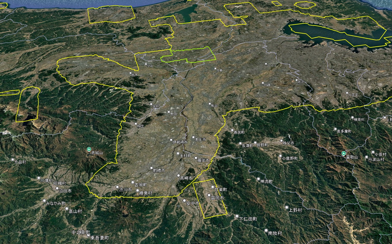 Google Earth 首都圏 3D表示エリア(緑の線は2D)