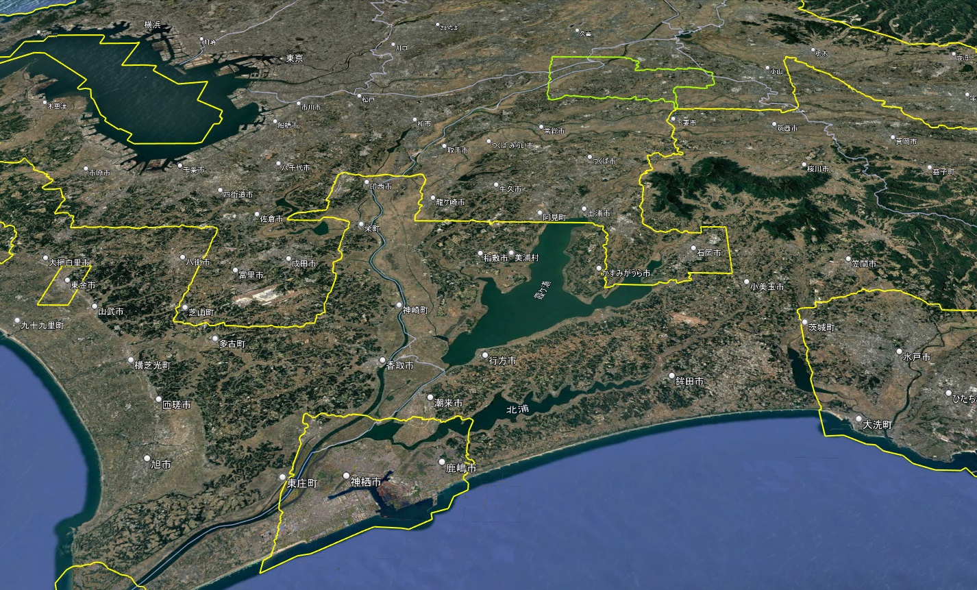 Google Earth 首都圏 3D表示エリア(緑の線は2D)