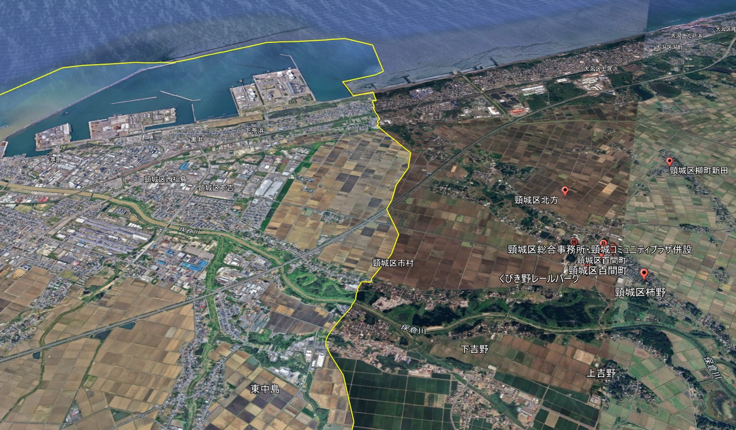 Google Earth 新潟県 上越市頸城 2.5D表示エリア