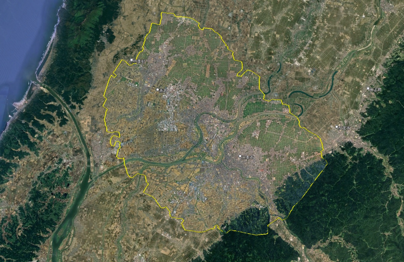 Google Earth 新潟県 燕市・三条市 3D表示エリア