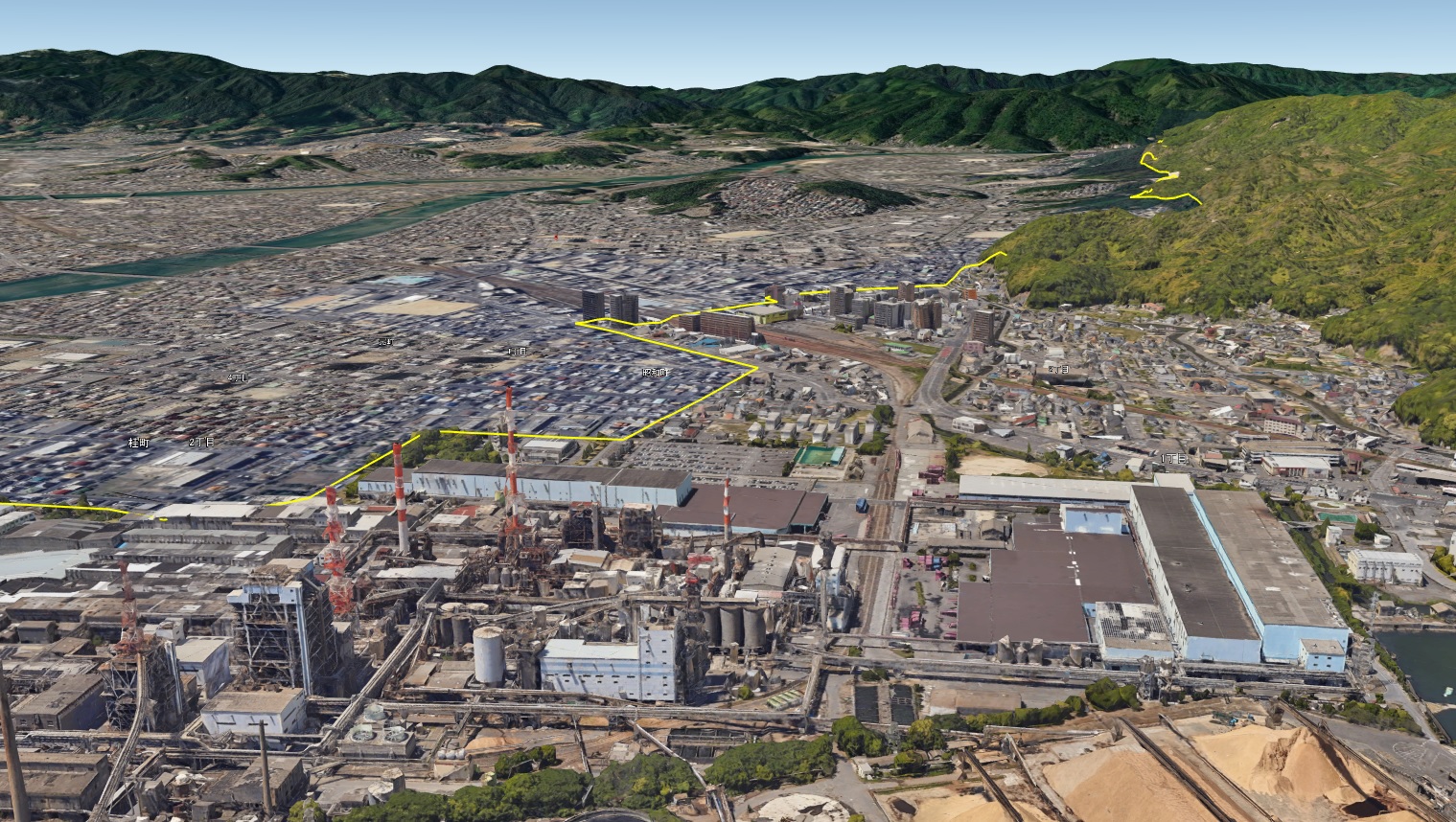 【Google Earth 岩国市】岩国市中心市街地の3Dと2D表示の様子(3D表示エリア)