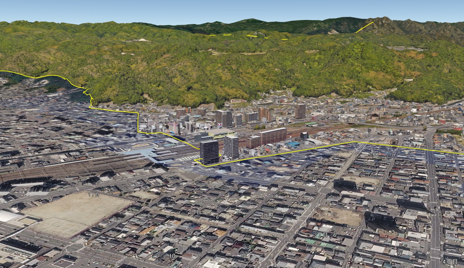 【Google Earth 岩国市】岩国市中心市街地の3Dと2D表示の様子(3D表示エリア)