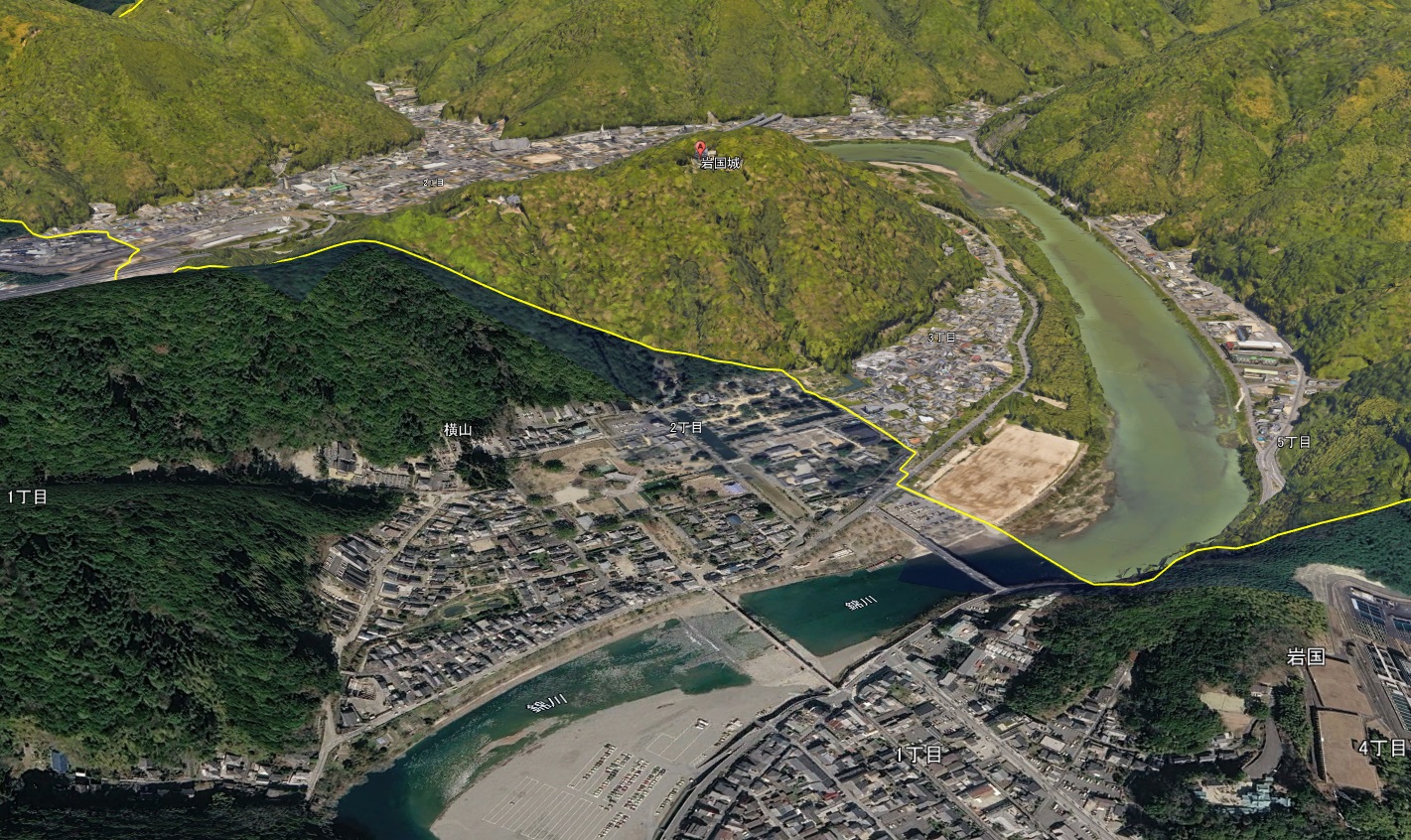 【Google Earth 岩国市】岩国城の3Dと2D表示の様子(3D表示エリア)