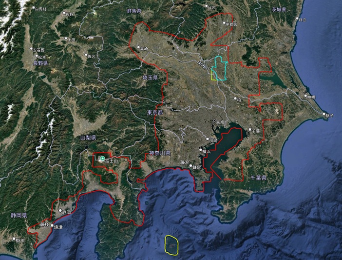 【Google Earth 2D飛び地表示エリア】関東全体の3Dエリアの中の2D飛び地