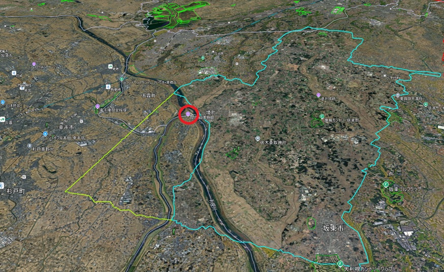 Google Earth 2D飛び地表示エリア 縮小前後 千葉県 野田市 関宿町 (赤い丸)