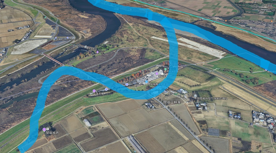 Google Earth 3D 千葉県 野田市 関宿町 関宿城博物館とかつての川の流れ:大雑把に示しています。