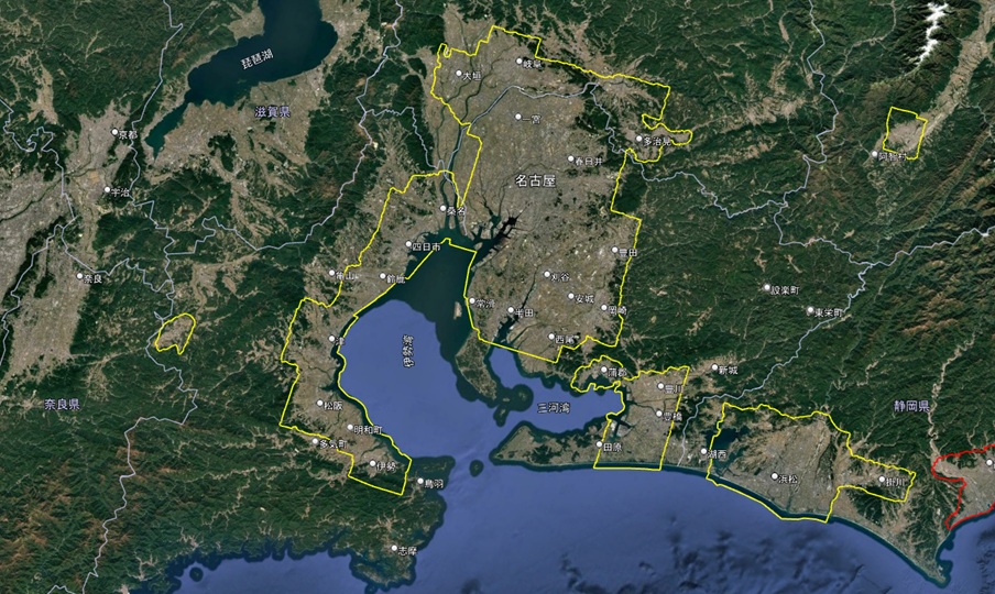 【Google Earth 3D表示エリア】名古屋都市圏-豊橋市周辺 拡大前