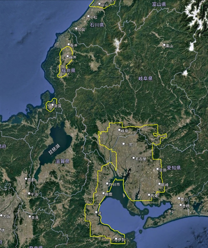 Google Earth 岐阜県の3D表示エリアを含む「中京圏広域3D表示エリア」