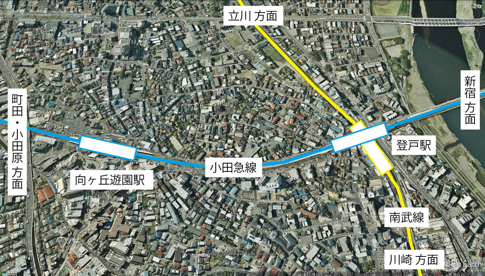 Google Earth 衛星写真(2D)登戸・向ヶ丘遊園 2004年12月
