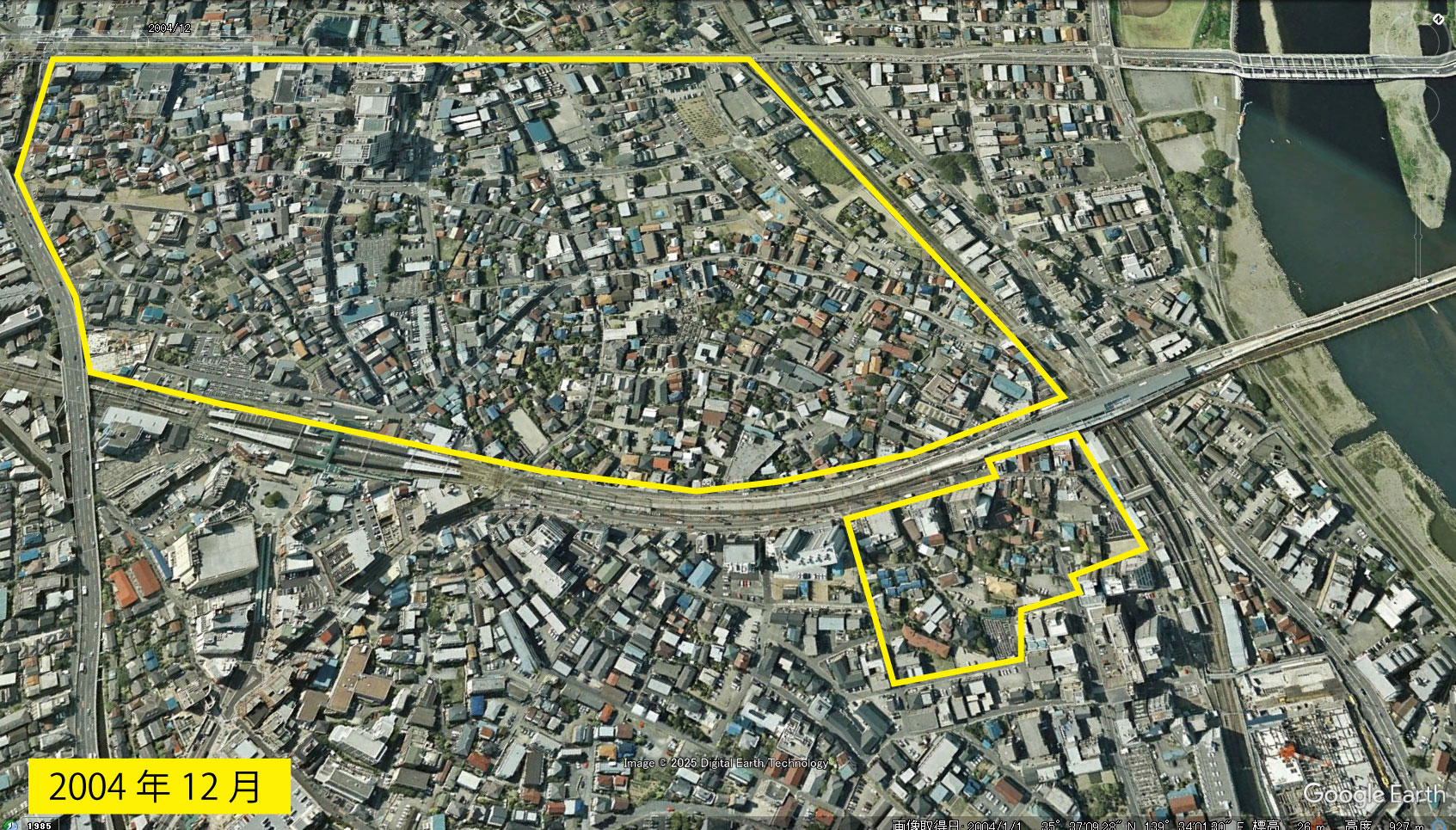 Google Earth 衛星写真(2D)登戸・向ヶ丘遊園 2004年12月 区画整理事業範囲