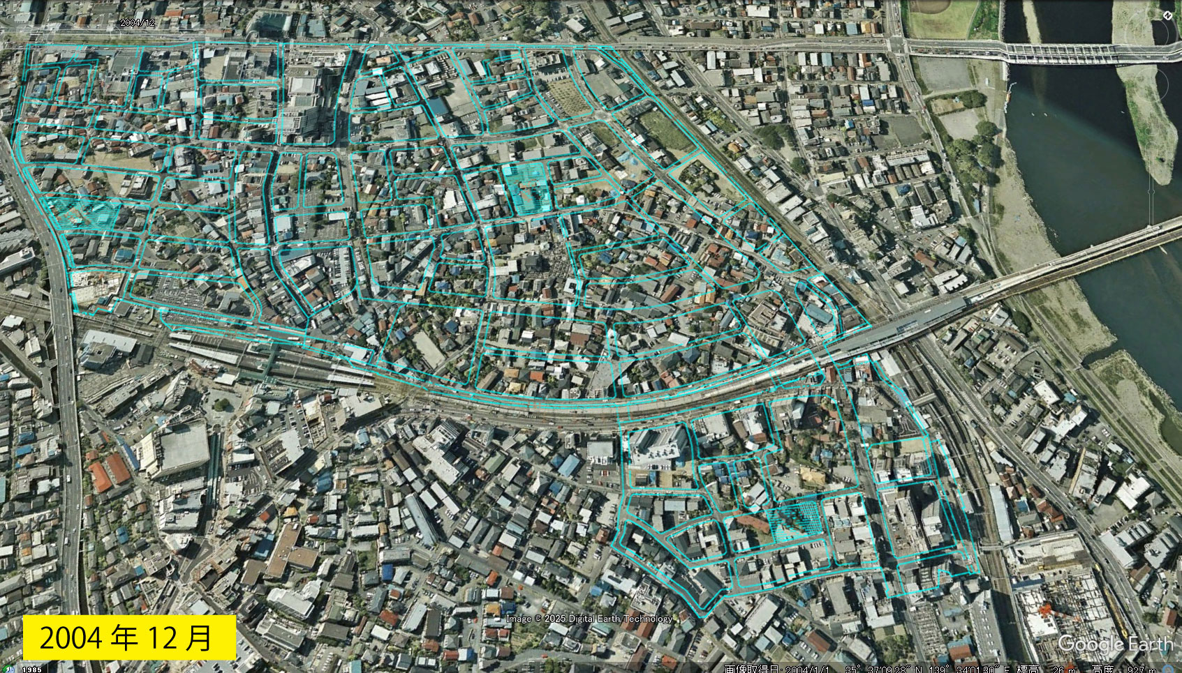 Google Earth 衛星写真(2D)登戸・向ヶ丘遊園 2004年12月 区画整理事業 設計図
