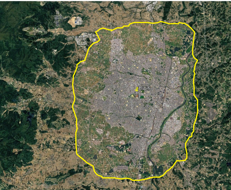 Google Earth郡山市3D表示エリアの黄色い境界線