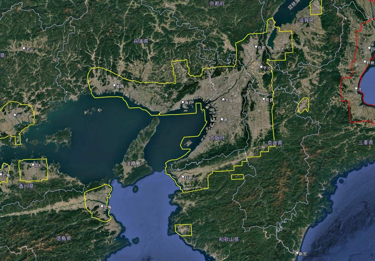 2026年2月19日に調査したGoogle Earth近畿地方の3D表示エリア境界線
