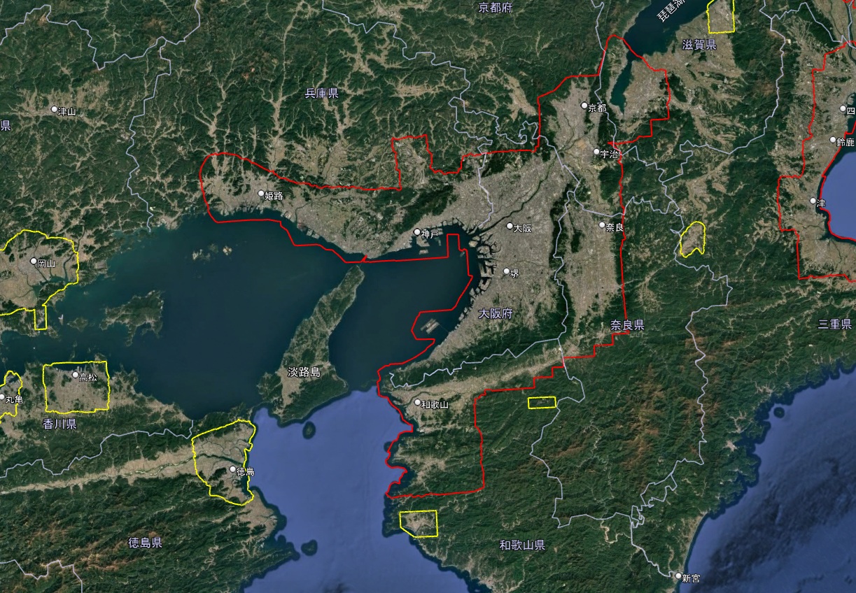 2026年6月24日に調査したGoogle Earth近畿地方の3D表示エリア境界線