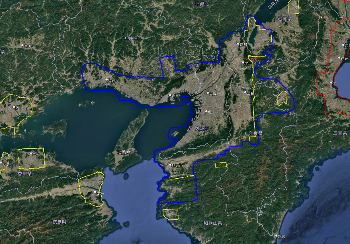 2026年8月3日に調査したGoogle Earth近畿地方の3D表示エリア境界線