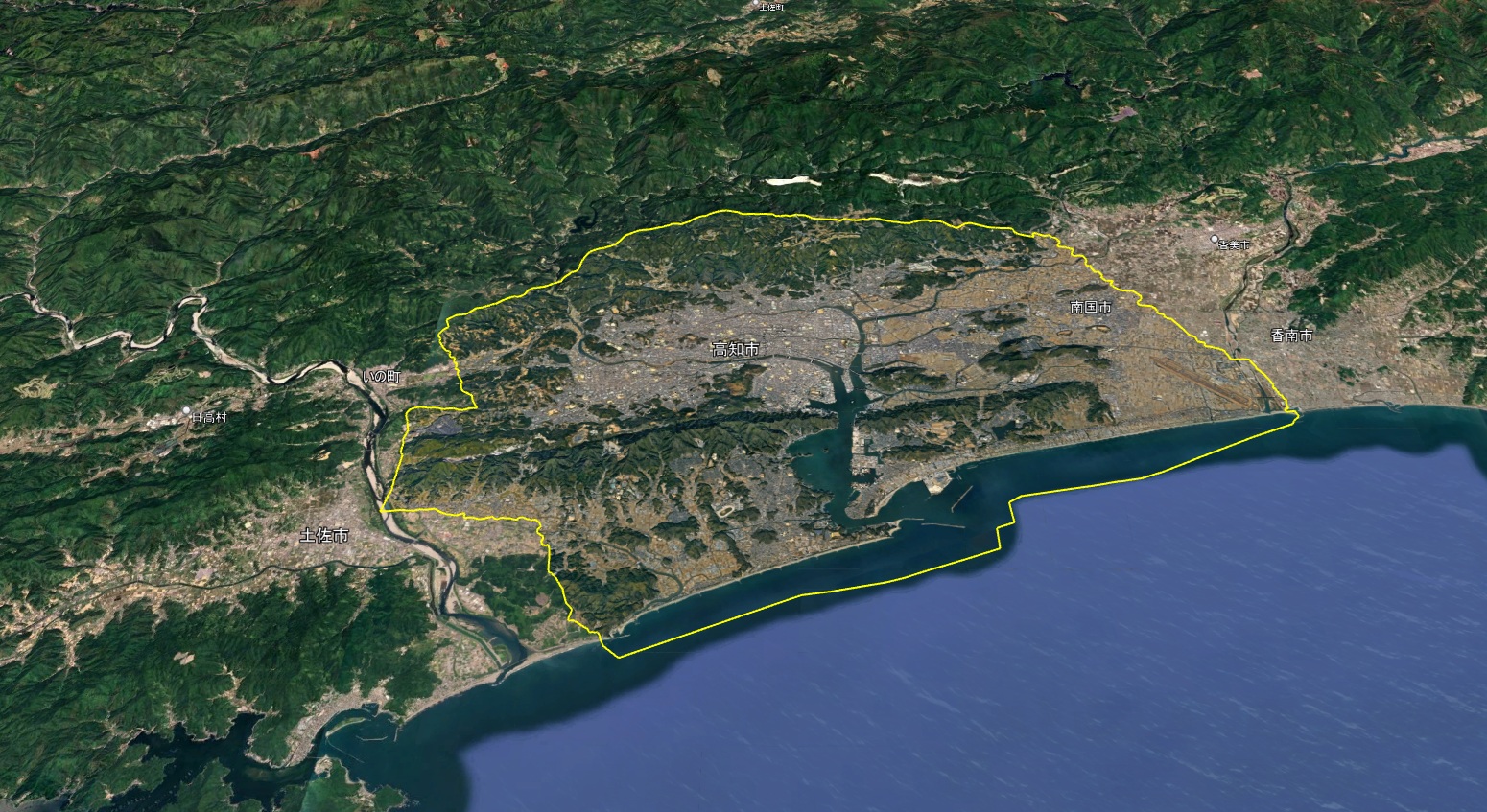 Google Earthで確認した高知市周辺の3D表示エリア境界線