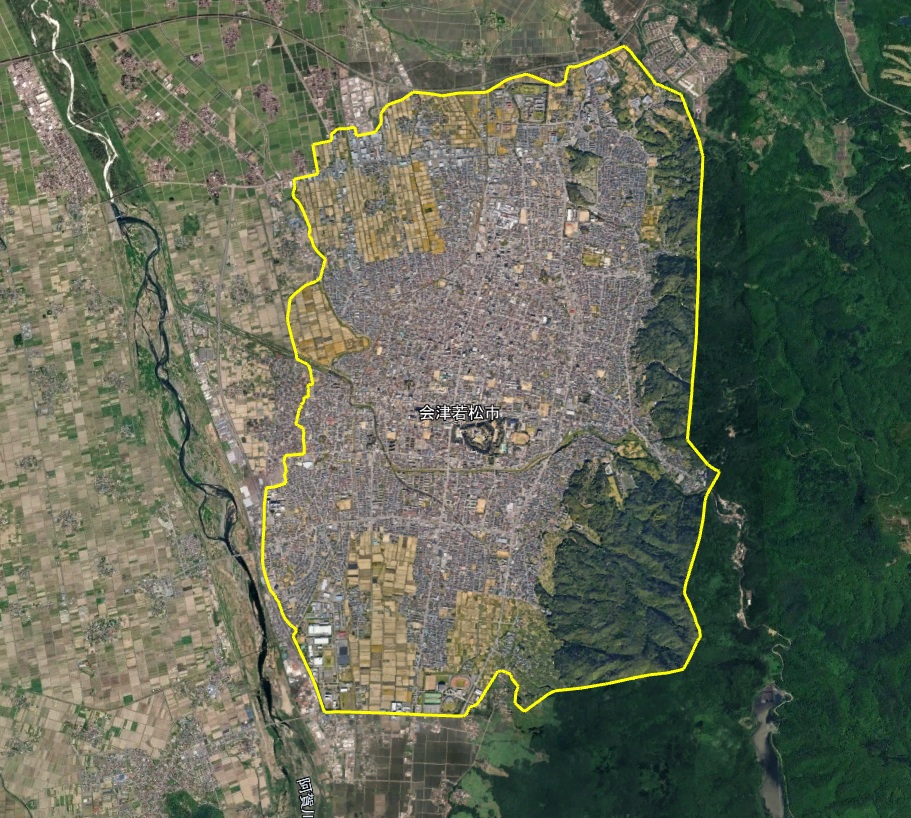 Google Earth 3D表示エリア 福島県 会津若松市周辺 2026年10月4日現在