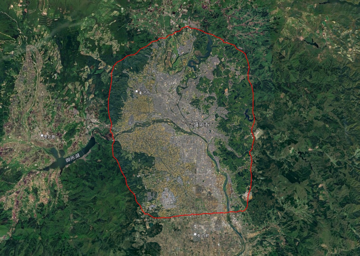 Google Earth 3D表示エリア 岩手県 盛岡市周辺 2026年10月3日現在