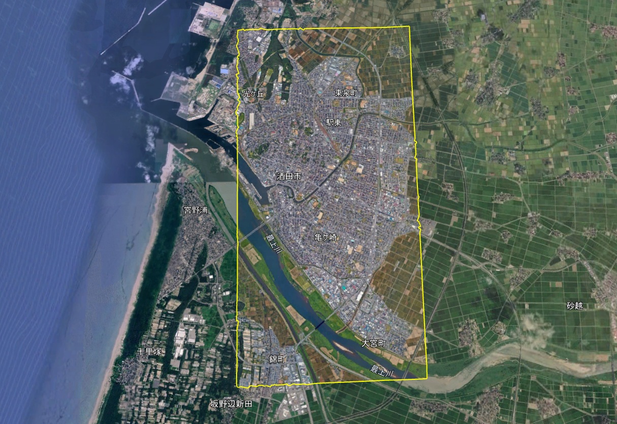 Google Earth 3D表示エリア 山形県 酒田市周辺 2026年10月4日現在