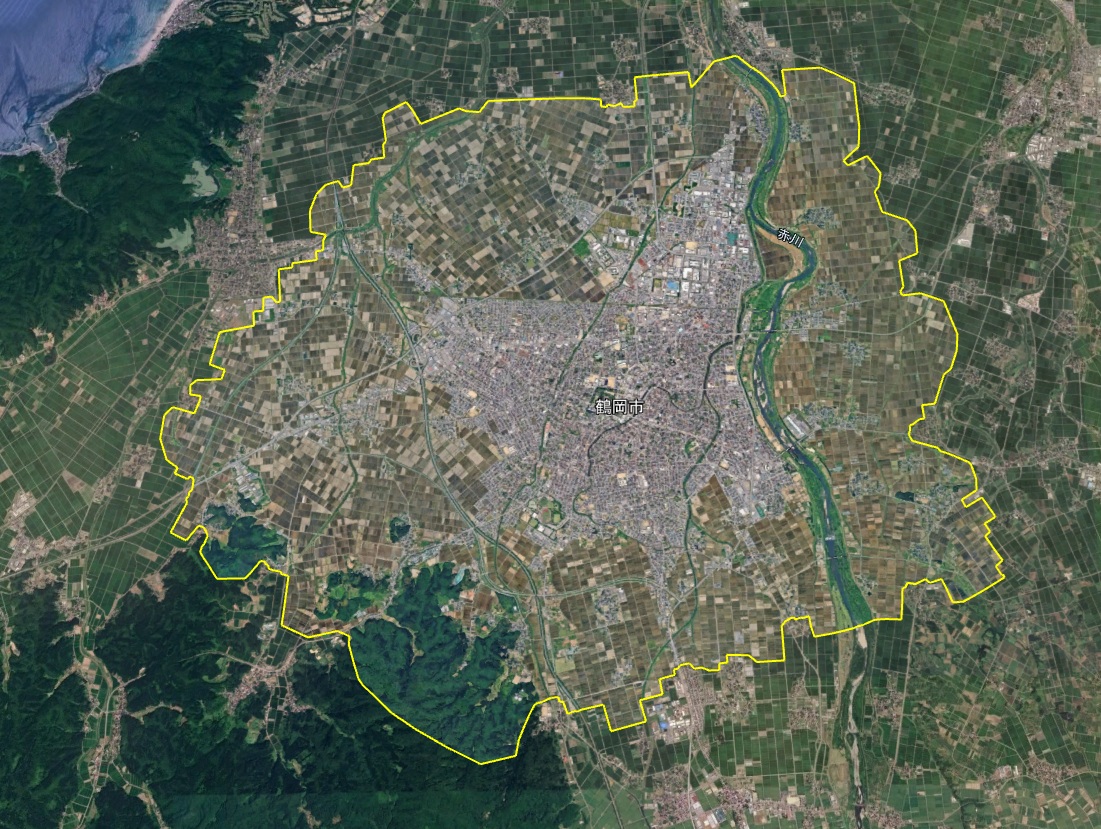 Google Earth 3D表示エリア 山形県 鶴岡市周辺 2026年10月4日現在